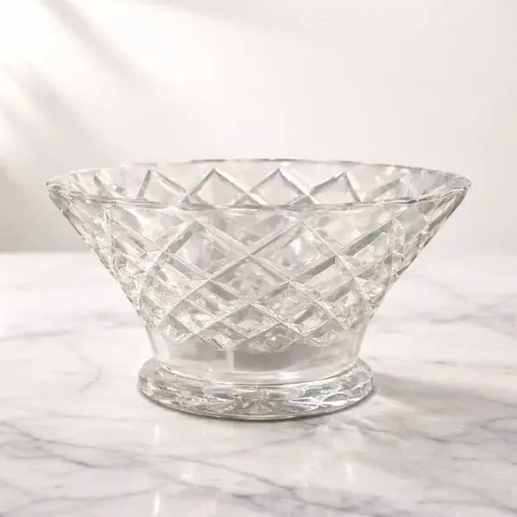 Vintage Heavy Cut Crystal Bowl Diamond Lattice Starburst Base Bohemian Style 8