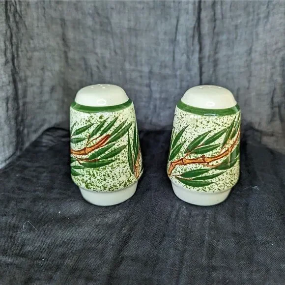 Vintage Bamboo Salt And Pepper Shakers Set Ceramic Hand Painted