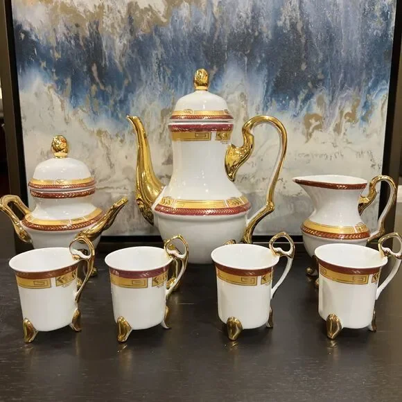 Yau Shing Laurel Shield Fine Porcelain Demitasse Coffee Set of 9
