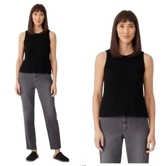 Revolve Eileen Fisher Cotton Cashmere Fluff Black Sleeveless Ribbed Tank Top XS