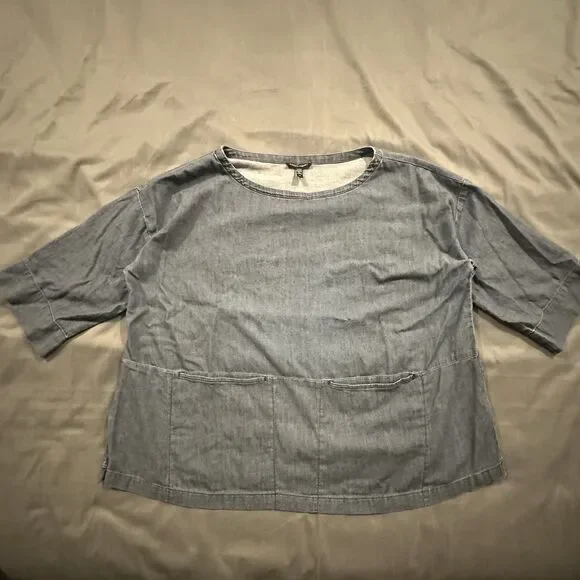 Eileen Fisher Airy Twill Shirt Bateau Neck Boxy Top Organic Cotton Blue Pockets