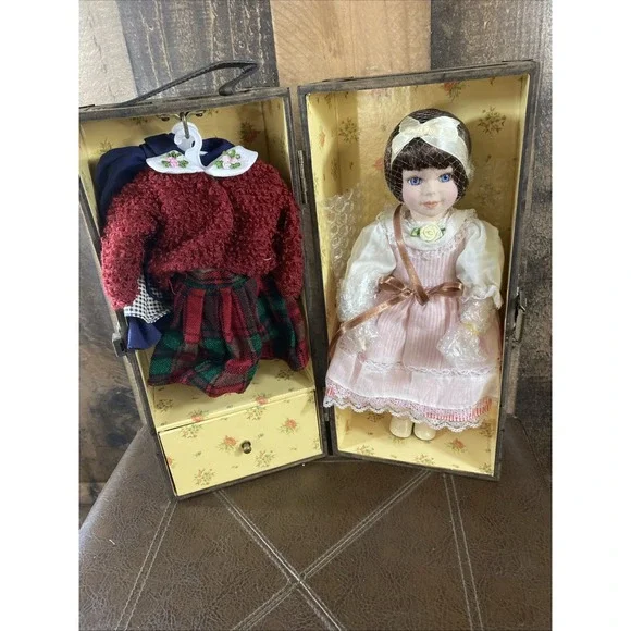 Vintage Porcelain Doll with Wooden Traveling Trunk With 3 Outfits