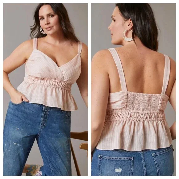 Anthropologie Maeve Top Shirred Peplum Crop Pink Stripe Sleeveless