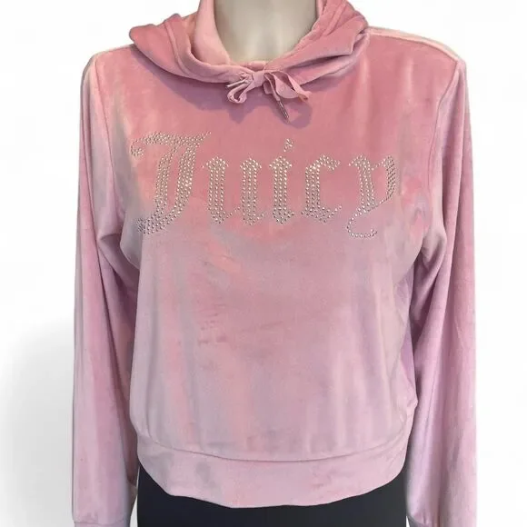 Juicy Couture Pink Velour Hoodie - Y2K Rhinestone Front Logo - Women's Medium