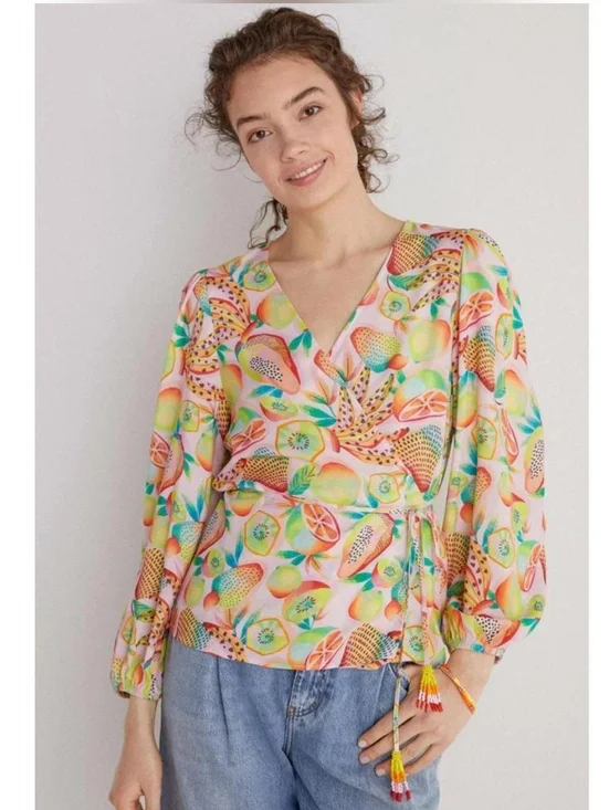 Anthropologie Farm Rio Tropical Fruit Print Beaded Wrap Top Small