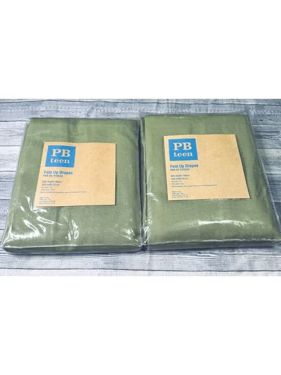 Pair of New PB Teen Fold Up Drapes Olive Green Beige 32x63 each Pottery Barn