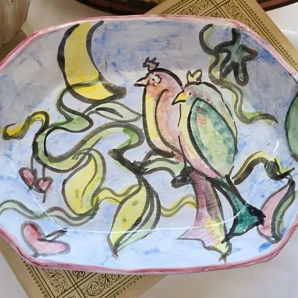 Handpainted Art Pottery Dish with Leaf Handles and Tropical Birds