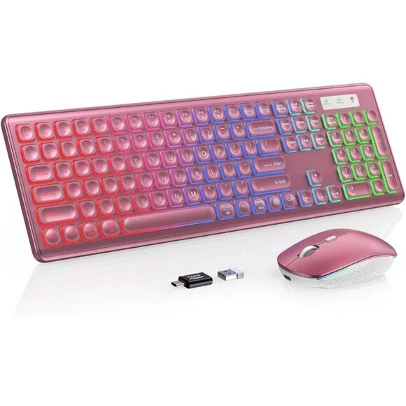 Wireless Keyboard and Mouse Combo, RGB Backlit Rechargeable Soft Typing Wine Red