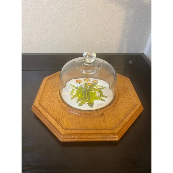Vintage Goodwood Dandelion Octagonal Trivet Cheese serving tray with glass dome