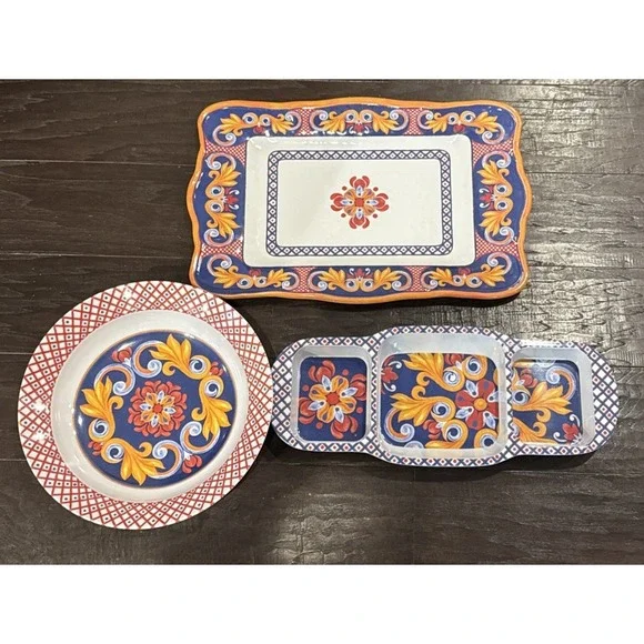 Tuscan Style‎ Boho Colorful Melamine Serving Platters Bowls Tray Set Of 3