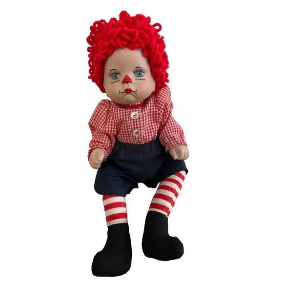 Vintage Porcelain Raggedy Style Doll 12 Inch Yarn Hair Cloth Body Red Gingham Ou