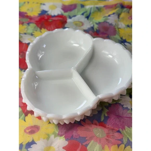 Vintage Fenton Milk Glass Hobnail Clover Divided Dish 3 Section Serving Bowl 7