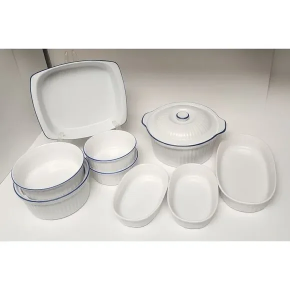 BIA Blanc De Table/Corningware Vintage Casserole Dish W/ Cobalt Blue Trim 9PCS