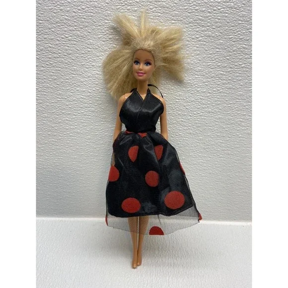 Barbie Doll Blond Hair With Black and Red Polka Dot Dress