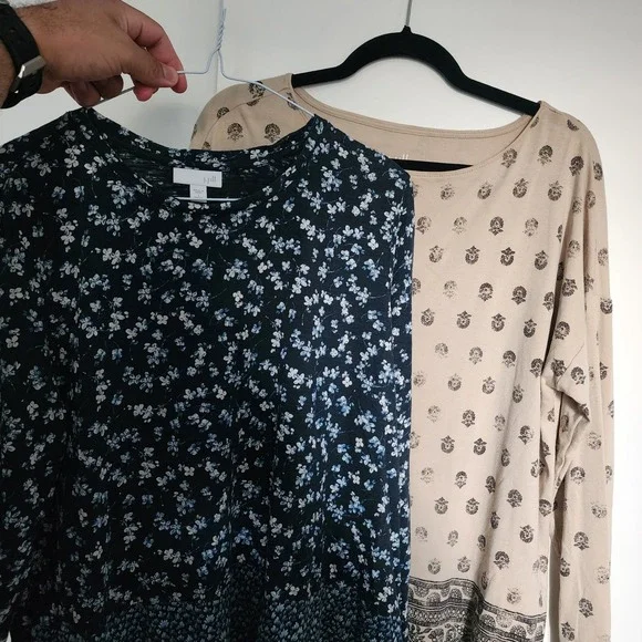J. Jill Floral Long Sleeve Top Bundle of Two Women LP Tan Navy Pima Cotton
