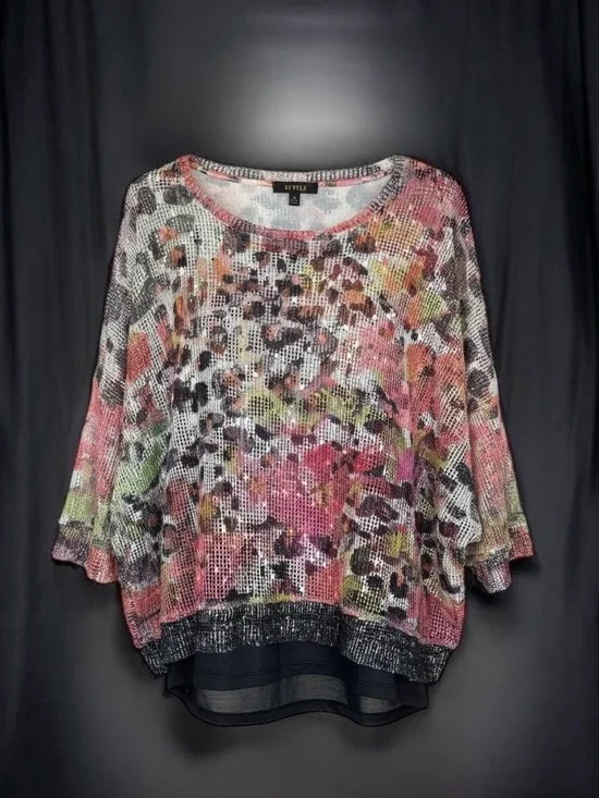 Vecceli Italy Abstract Mesh Layered Top Women’s L Boho Lagenlook Knit Blouse