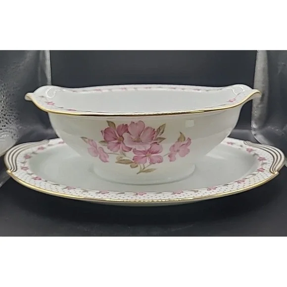 Vintage Noritake Elaine 5210 Gravy Boat Underplate‎ Pink Floral Gold Trim
