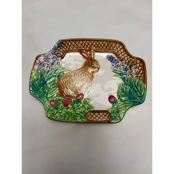 Royal Norfolk Ceramic Bunny‎ Rabbit Floral Serving Tray Scalloped Platter 8x6
