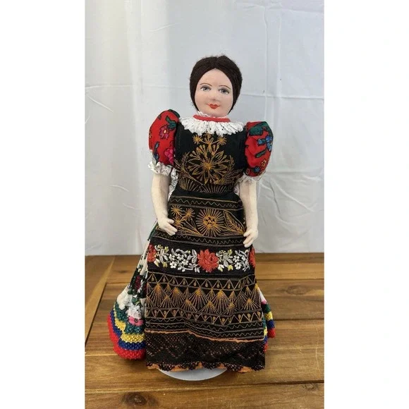 Vintage Hungarian Folk Art Doll Handmade in Traditional Dress on Kaiser Stand