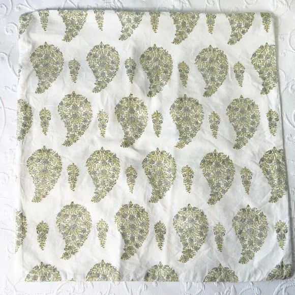 Pottery Barn 18x18 Cotton Pillow Cover White Green Blue Paisley Block Print Boho