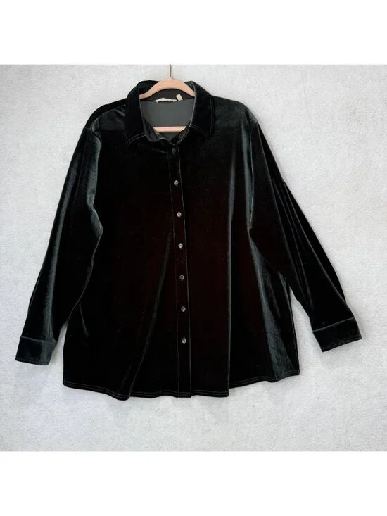 Soft Surroundings Shirt Womens 1X Green Velvet Button Front Long Sleeve Top