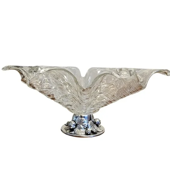 Vintage Ruffled Art Glass Centerpiece Bowl Silver Floral Pedestal Base 18 Inch