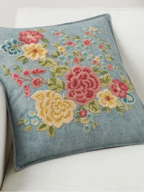Pottery Barn Blue Floral Embroidered Accent Pillow covers