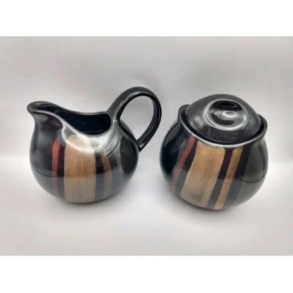 Sango Avanti Black #4721 Creamer & Sugar Bowl with Lid‎ Ceramic Pottery Set NWOT
