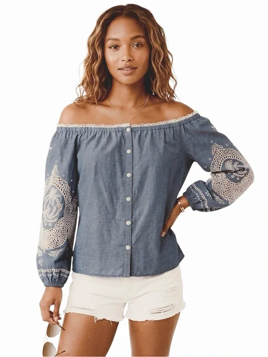 Yoana Baraschi Off-The-Shoulder Blouse Cotton Eyelet Sleeves Blue XS EUC