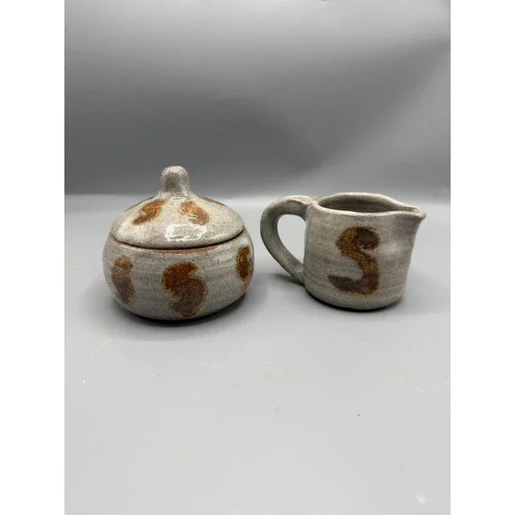 Vtg Studio Pottery Sugar Creamer Set Rustic‎ Stoneware Boho Farmhouse Kitchen