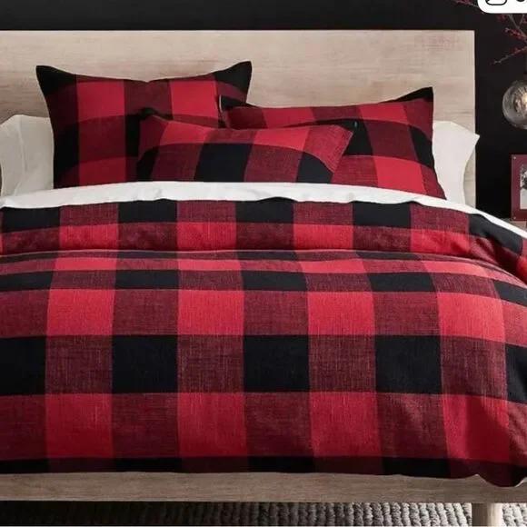 Pottery barn king/cal king buffalo check plaid red/black duvet cover checkered