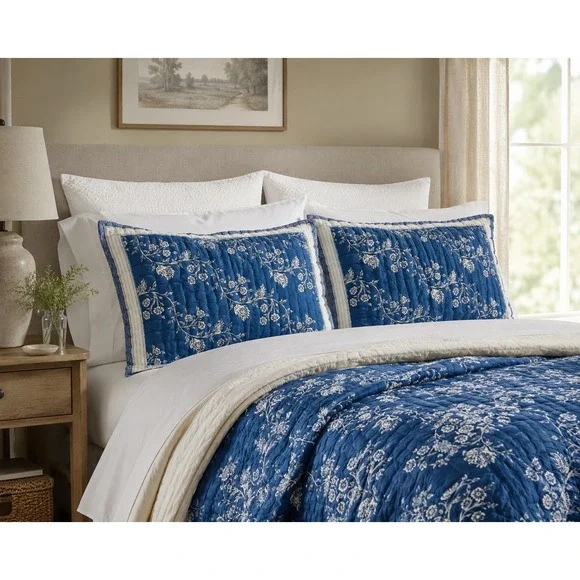 Pottery Barn Quilted Pillow Shams Standard Blue White Botanical Shabby Chic