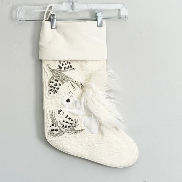 POTTERY BARN Ivory WOODLAND FURRY SQUIRREL CHRISTMAS STOCKING 12” X 20”