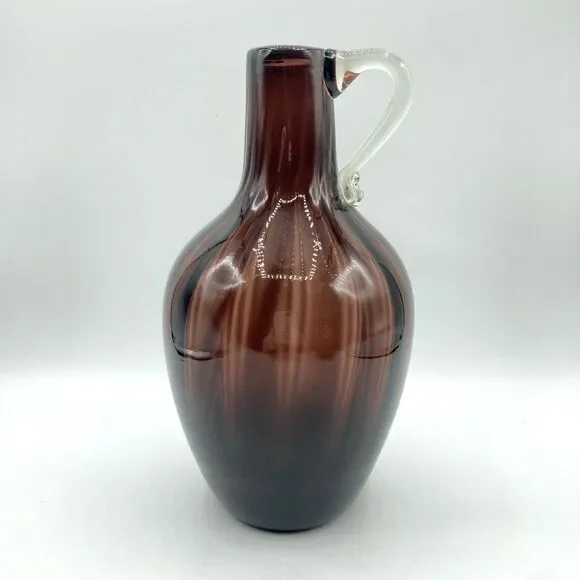 Vtg Handblown Art Glass Amethyst Ribbed Optic Jug Applied Clear Handle 8.75