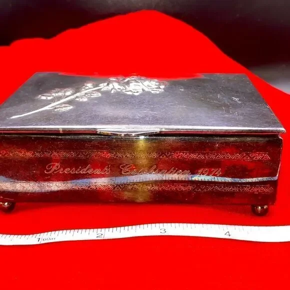 Larger trinket felt lined metal and wooden box with raised rose stem on lid