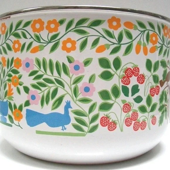 Mid-Century Enamel Bowl Vintage Dutch Girl Flowers Peacock Doves Strawberries