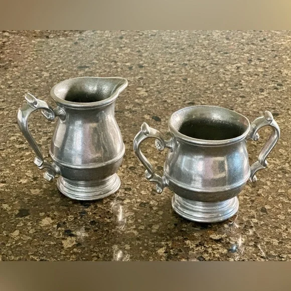 PEWTAREX, OLDE COUNTRY REPRODUCTIONS, YORK PA. CREAM & SUGAR SET.