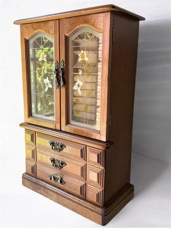 Vintage Wooden Jewelry Armoire with Floral Glass Doors