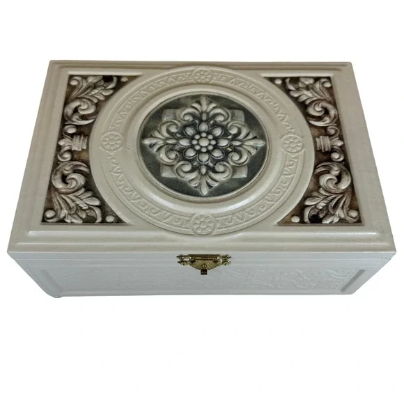 Vintage Cream Ornate Jewelry Box Faux Leather Keepsake Chest with Key Gold Feet