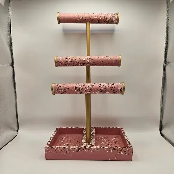 PINK TERRAZZO JEWELRY ORGANIZER STAND 3 TIER BRACELET NECKLACE HOLDER TRAY