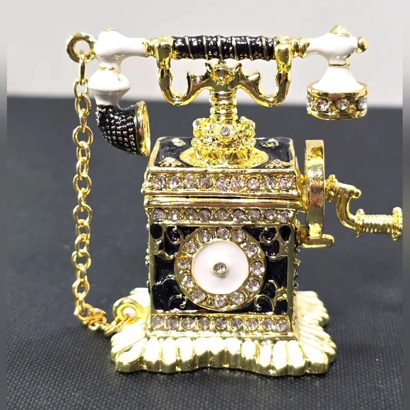 Enamel Rhinestones Telephone Jewelry Trinket Box