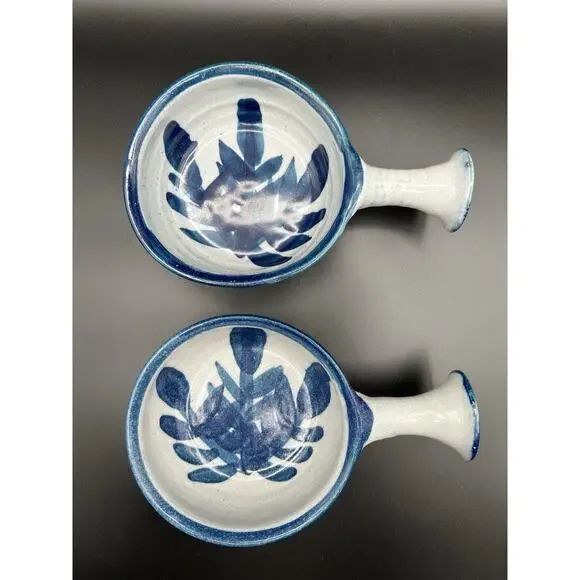 Wheel Thrown Studio Art Pottery 5.5” Handled Soup Bowls Blue & White Signed x2