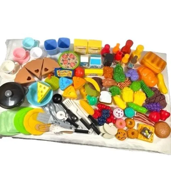 Vintage Lot 100 Piece Kids Pretend Play Food Utensils Plates Fisher Price & More