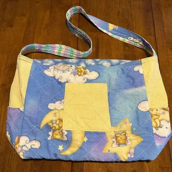 Vintage Style Handmade Quilted Baby Diaper Bag Tote Bear Moon Stars 21”x13”