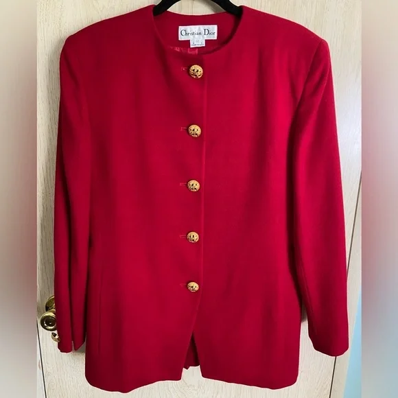 CHRISTIAN DIOR Vintage Pure Red Full Suit w/Pleat Skirt Gold Buttons sz 12