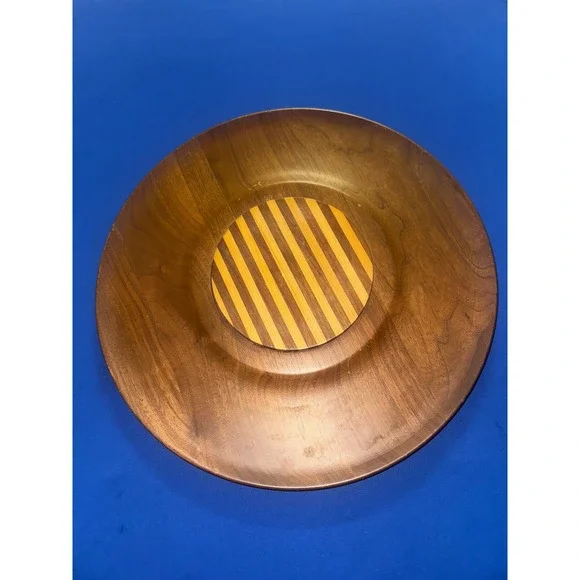 Solid Black Walnut Wood Cheese Plate Bowl Centerpiece Striped Inlay Decor 14