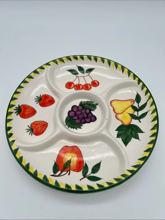 Vintage Ceramic 5-Section Divided Serving Platter Hand-Painted Large Fruit 12