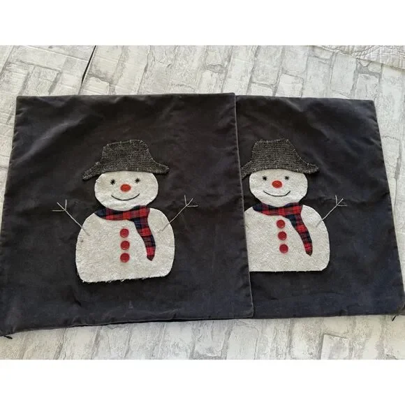 Pottery Barn Snowman Aplique Velour Brown Pillow Cases Winter Holiday 20