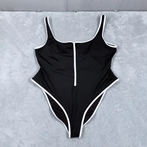 SKIMS Sporty Zip Front One Piece Swimsuit Women 3X Black White High Cut Leg