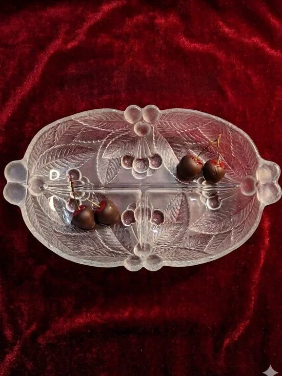 Vintage Mikasa Frosted Glass Cherry Divided Dish Rare Size